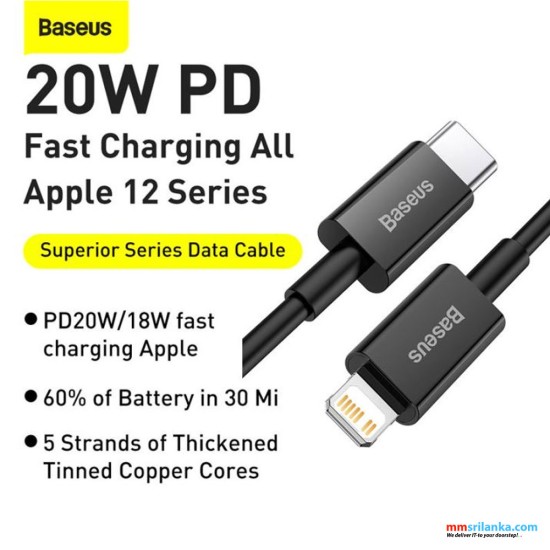 Baseus Superior Series 1M Fast Charging Data Cable Type-C to Lightning PD 20W Black (6M)